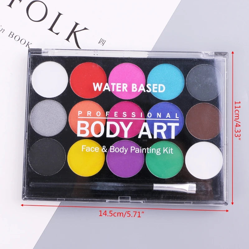 15-Color Body Paint Set – Facial & Graffiti Makeup with Brush