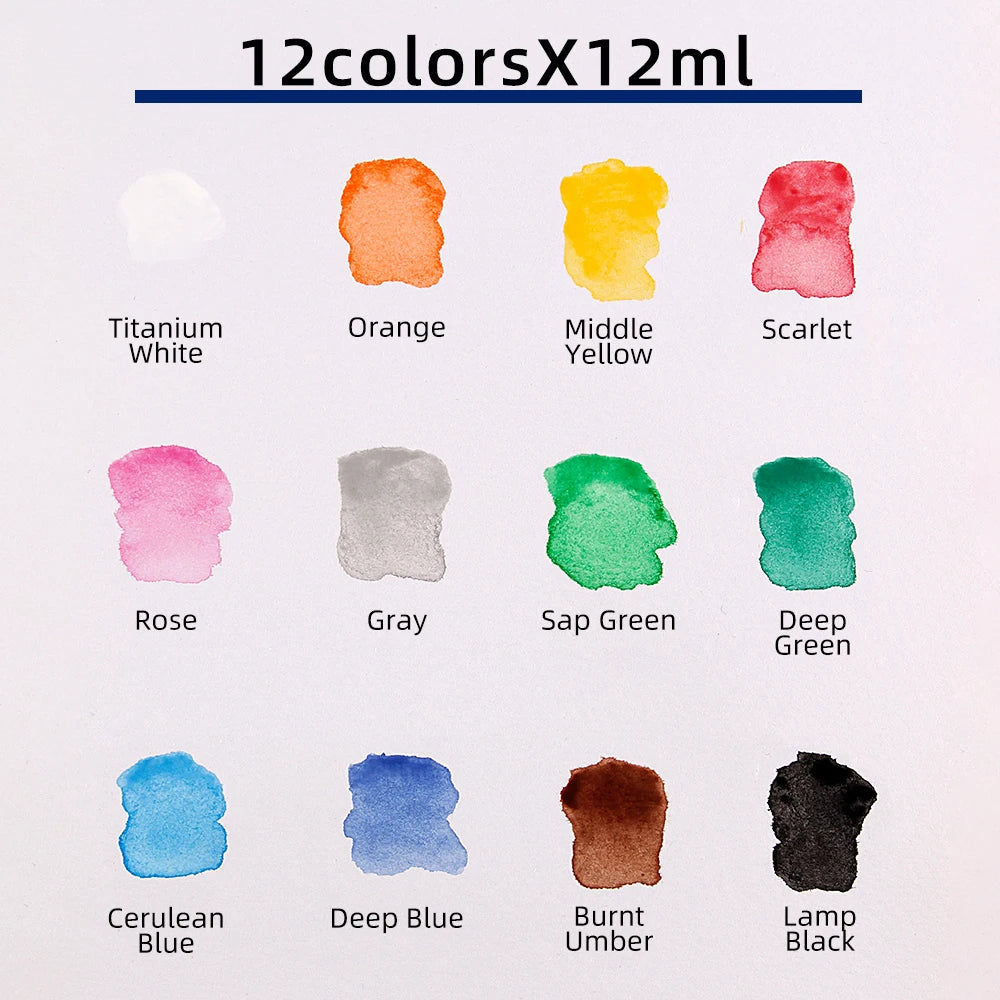 12-Color Watercolor Paint Set – 12ml Tubes for Artists & Beginners