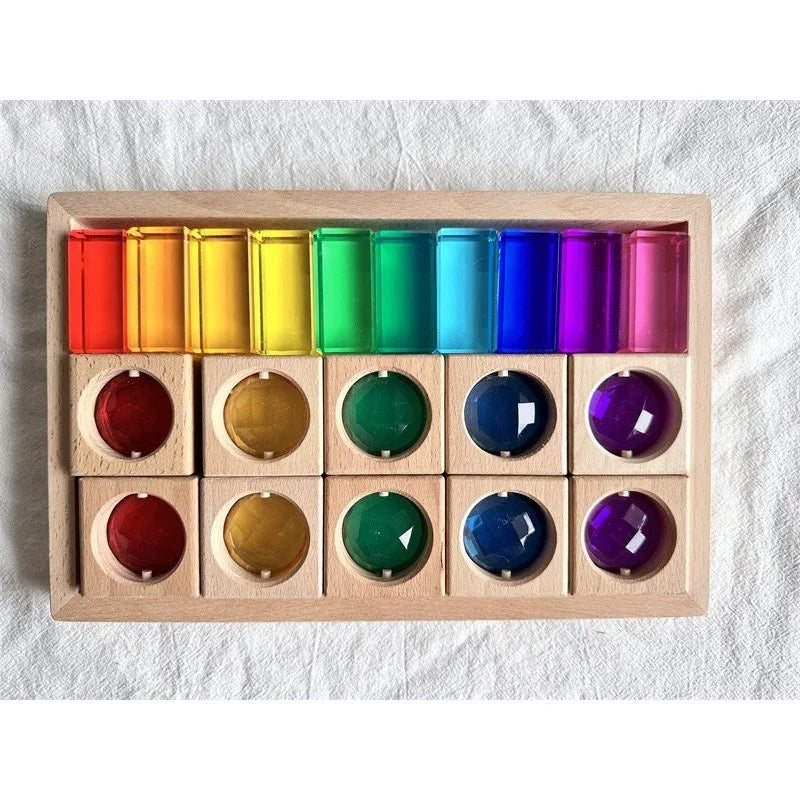 Wooden Montessori See-Through Blocks with Mixed Acrylic Gems