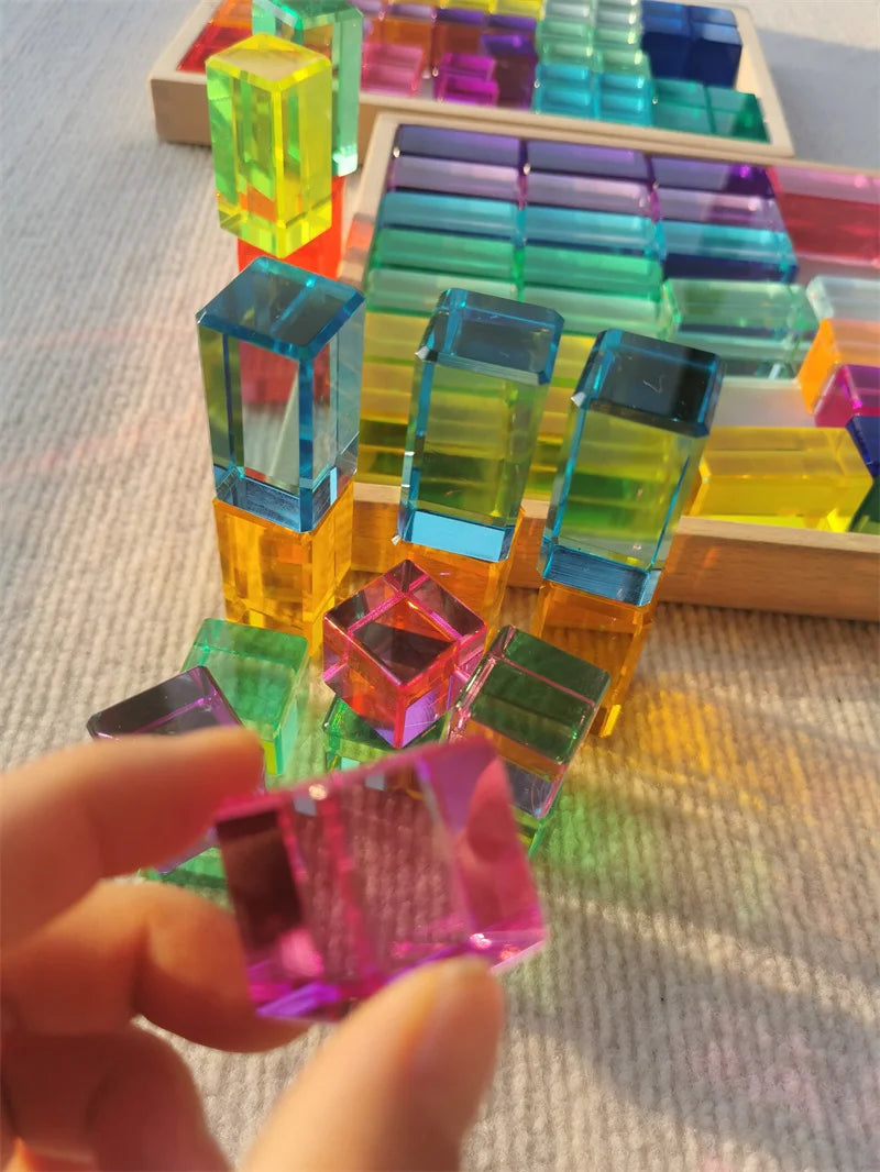 Wooden Montessori See-Through Blocks with Mixed Acrylic Gems