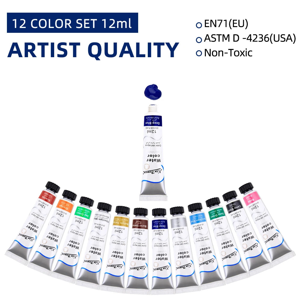 12-Color Watercolor Paint Set – 12ml Tubes for Artists & Beginners