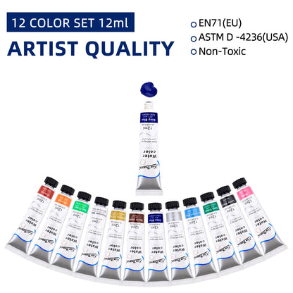 12-Color Watercolor Paint Set – 12ml Tubes for Artists & Beginners