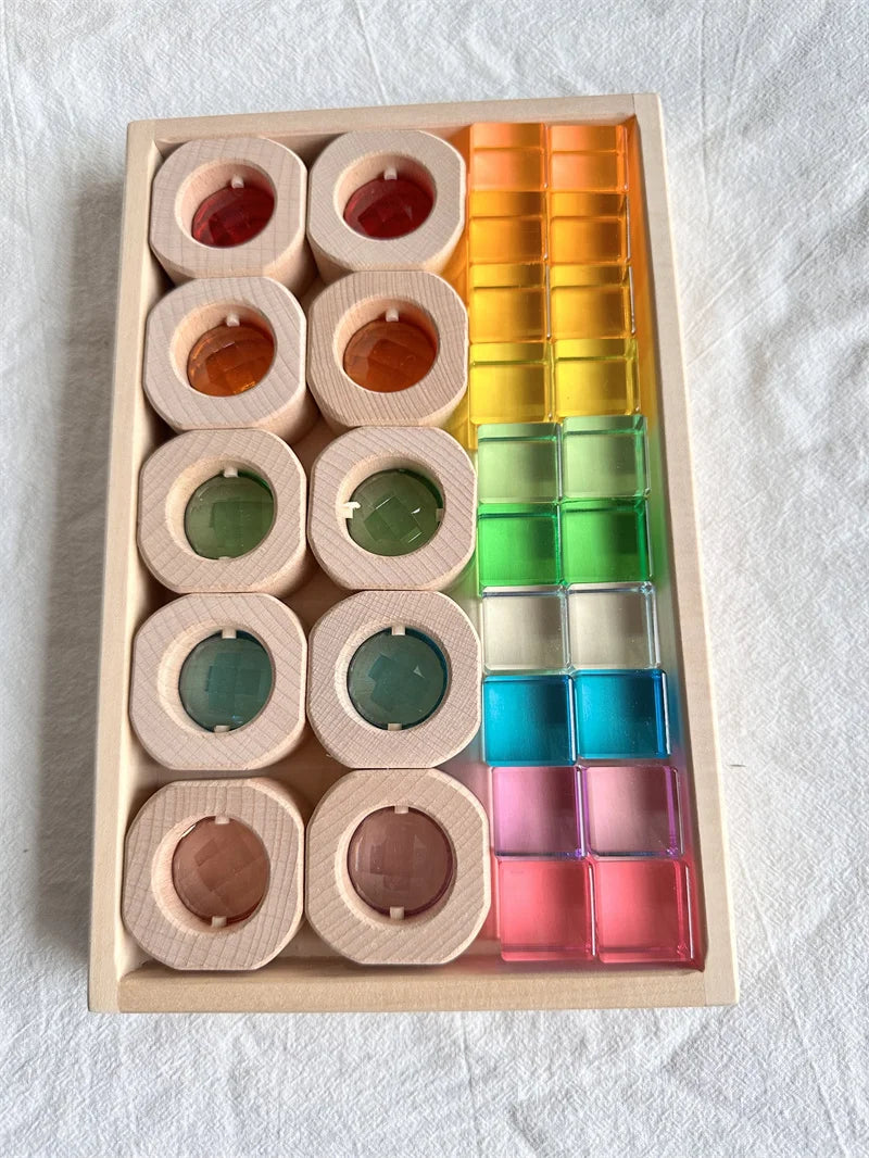 Wooden Montessori See-Through Blocks with Mixed Acrylic Gems